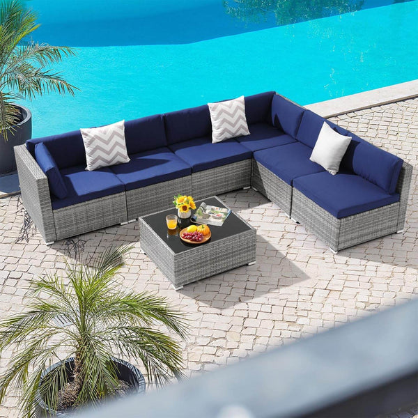 My Depot Outdoor Rattan Sofa 7-Piece Set with Tempered Glass Table and Mat for Deck, Backyard, Porch, Lawn, Garden - My Depot