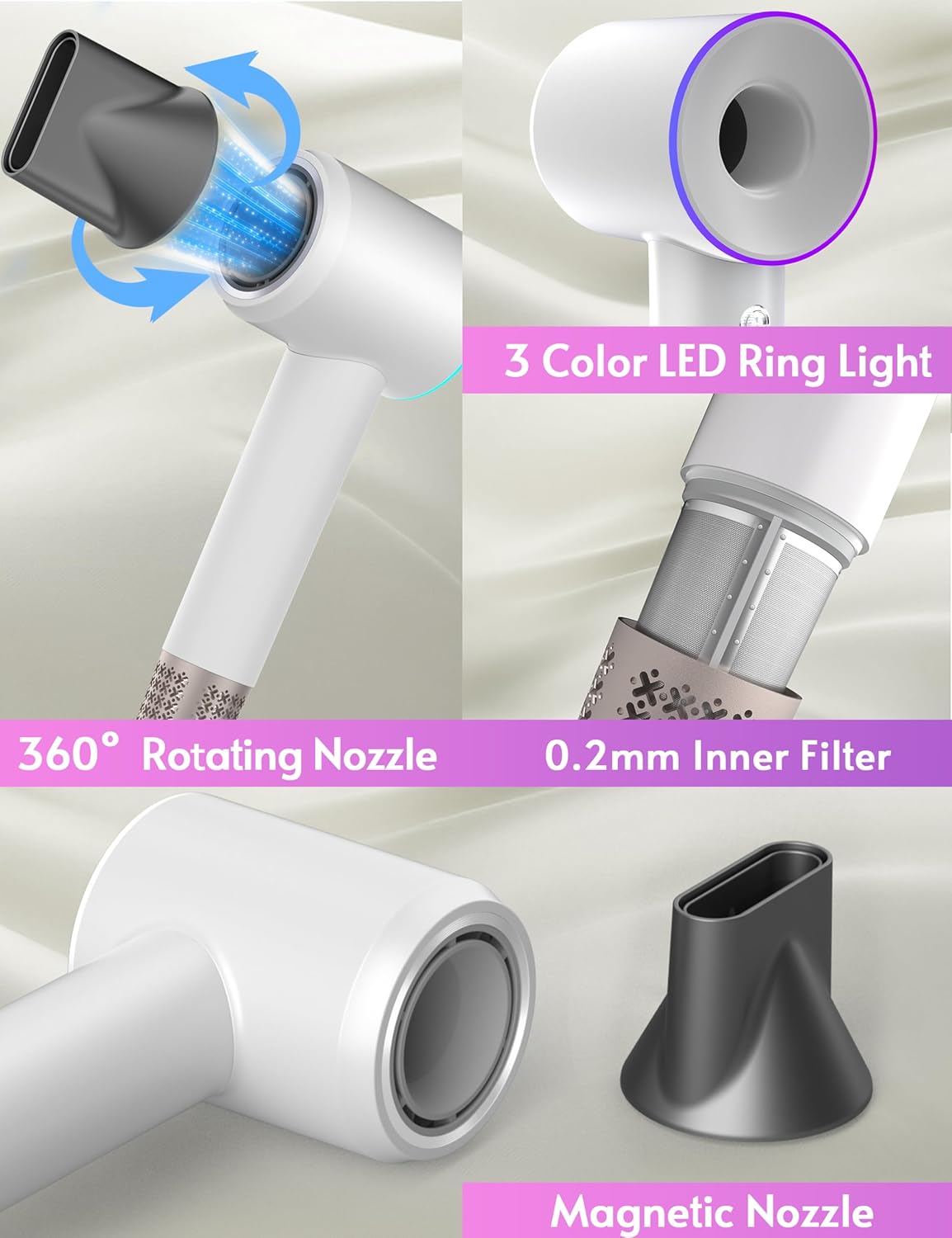 MyDepot Hair Dryer Ionic
3 Color LED Ring Light
360° Rotating Nozzle
0.2mm Inner Filter
Magnetic Nozzle