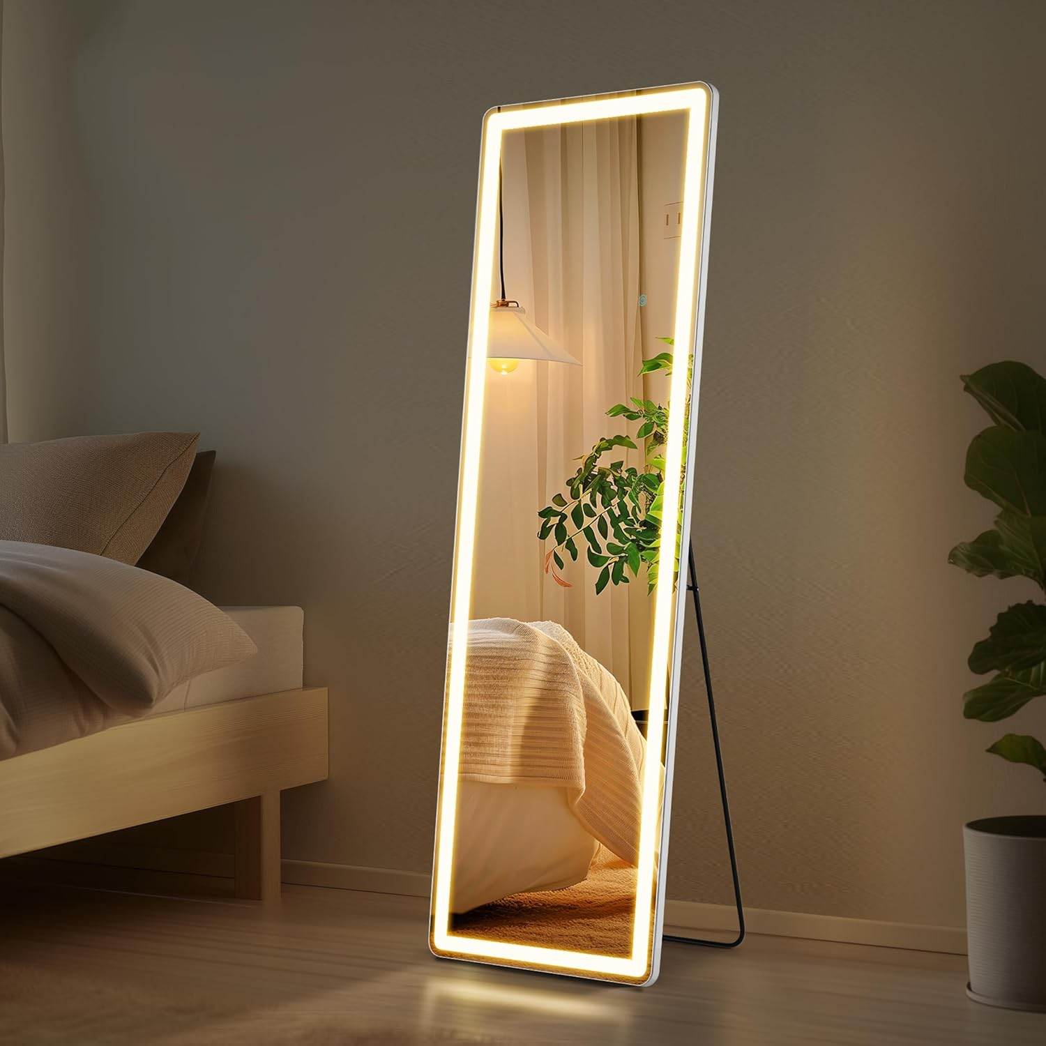 MyDepot Full Length Mirror with LED Lights Floor Standing Hanging Reclining High Rectangular/Arched Mirror with Bracket Aluminum Alloy Frame Dimmable Three Color Lighting Suitable for Bedroom Cloakroom - My Depot