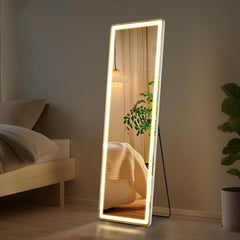 MyDepot Full Length Mirror with LED Lights Floor Standing Hanging Reclining High Rectangular/Arched Mirror with Bracket Aluminum Alloy Frame Dimmable Three Color Lighting Suitable for Bedroom Cloakroom - My Depot