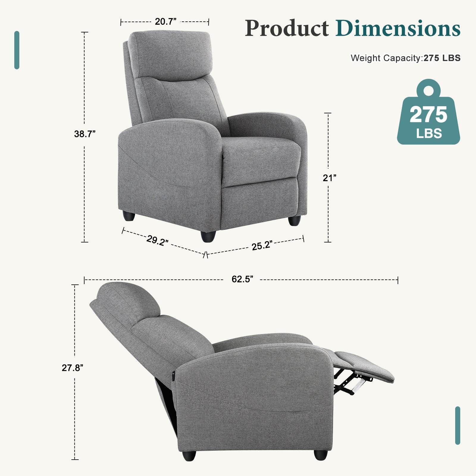 Mydepot Reclining Chair
Product Dimensions
Weight Capacity:275 LBS