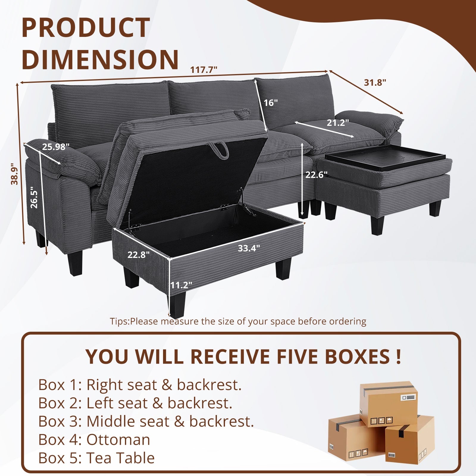 MyDepot Sectional Sofa Corduroy Cloud Couch
PRODUCT
DIMENSION