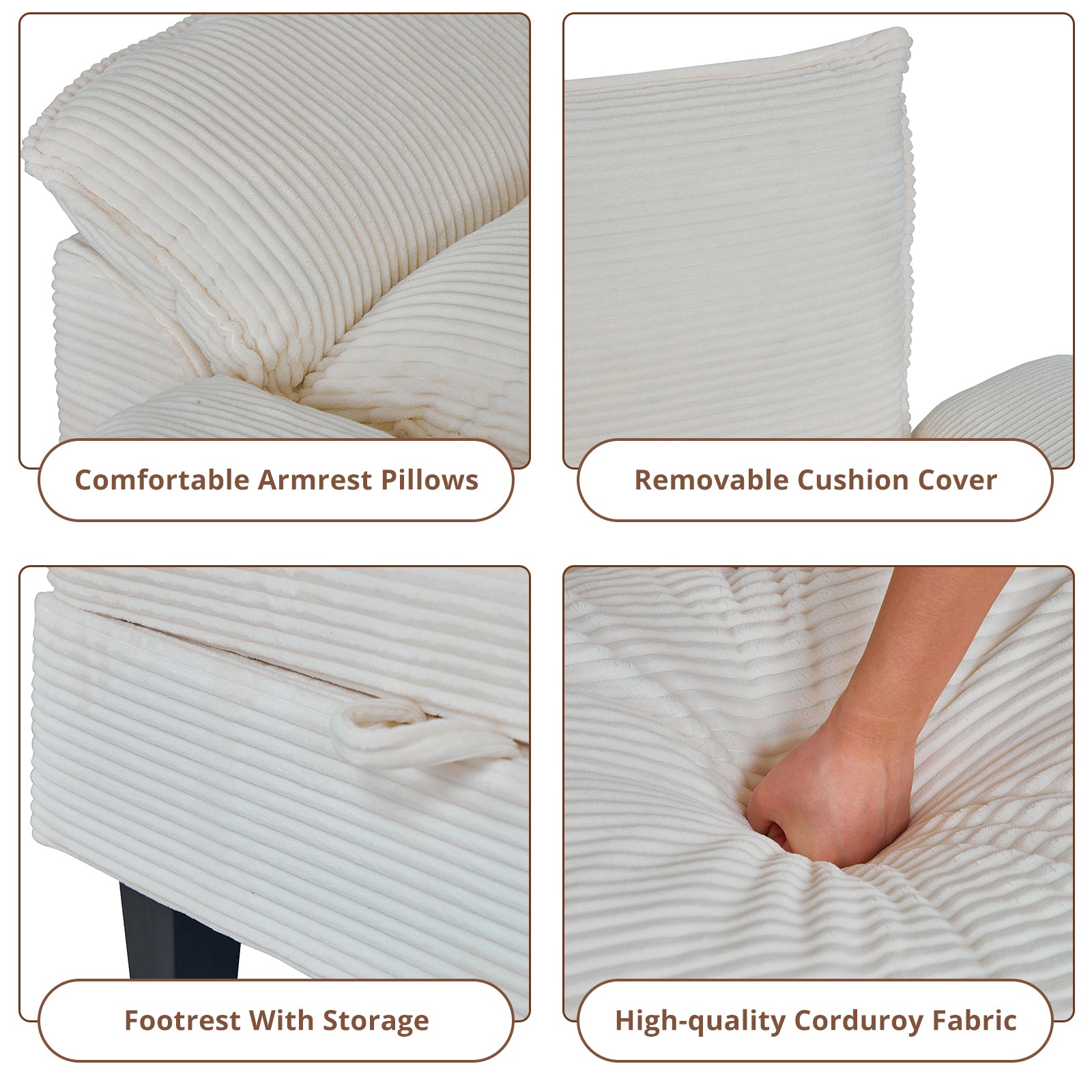 MyDepot Sectional Sofa Corduroy Cloud Couch
Product details
Comfortable Armrest Pillows
Removable Cushion Cover
Footrest With Storage
High-quality Corduroy Fabric