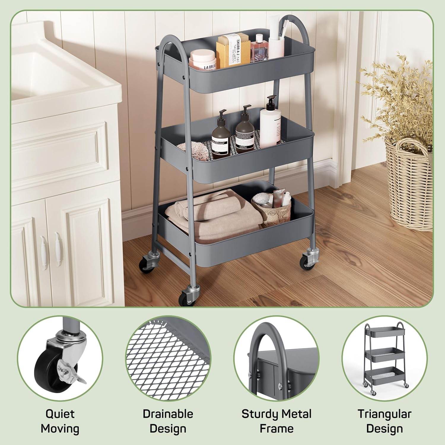 MyDepot Utility Cart 3-Tier Kitchen Storage Rack
Quiet Moving
Drainable Design
Sturdy Metal Frame
Triangular Design