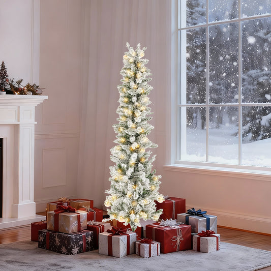 Mydepot Snow Flocked Pencil Christmas Tree, Prelighted Artificial Slim Christmas Trees for Home Office