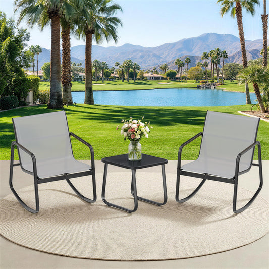 MyDepot 3-Piece Outdoor Rocking Set, Outdoor Furniture Set with Textilene Chairs & Glass-Top Table, Conversation Set of 3 for Porch, Lawn, Garden, Yard, Balcony, Poolside