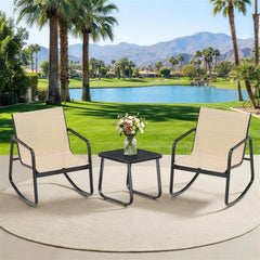 MyDepot 3-Piece Outdoor Rocking Set, Outdoor Furniture Set with Textilene Chairs & Glass-Top Table, Conversation Set of 3 for Porch, Lawn, Garden, Yard, Balcony, Poolside