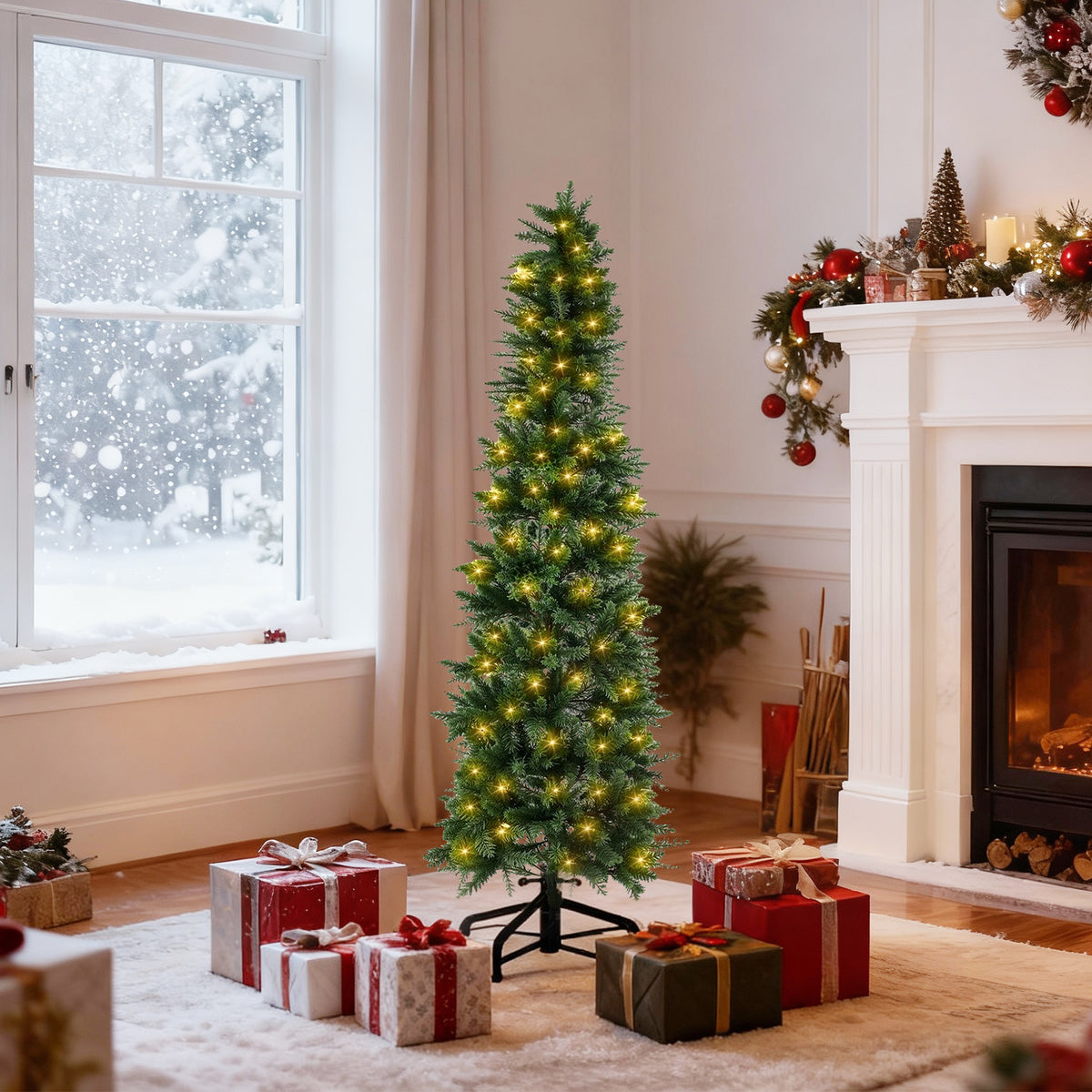 Mydepot Pre-Lit Pencil Christmas Tree, Green Artificial Spruce Slim Christmas Trees With Incandescent Lights For Home, Office, Party Decoration