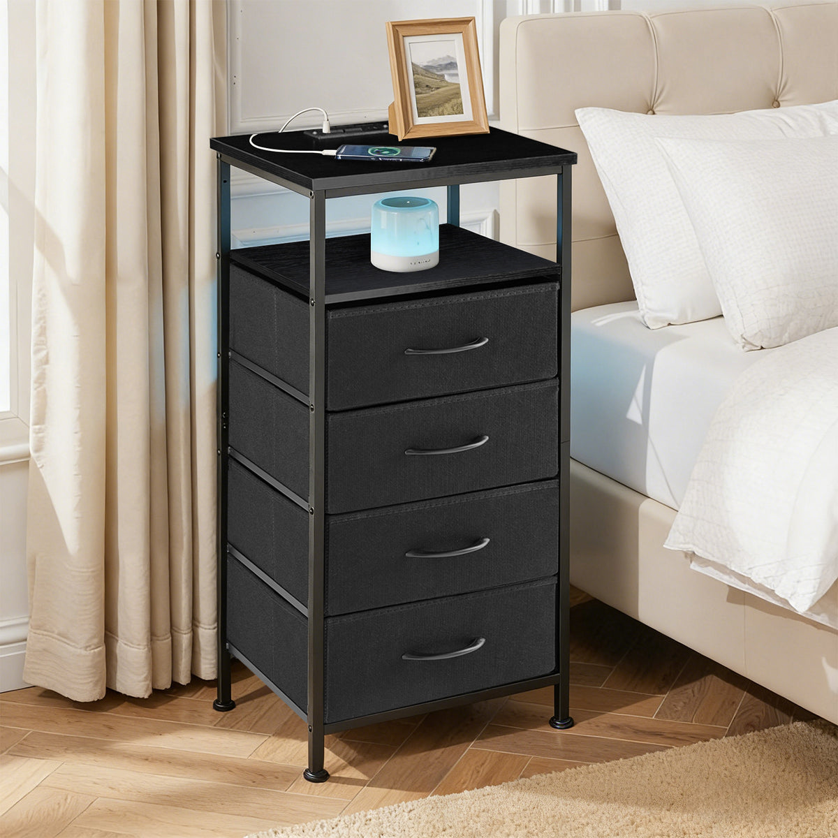 MyDepot  Nightstand With Charging Station, Bedside End Table With 4 Fabric Drawers & USB/Type-C Ports And Outlets, Night Stand For Bedroom Furniture, Adjustable Feet And Variable Light Strip