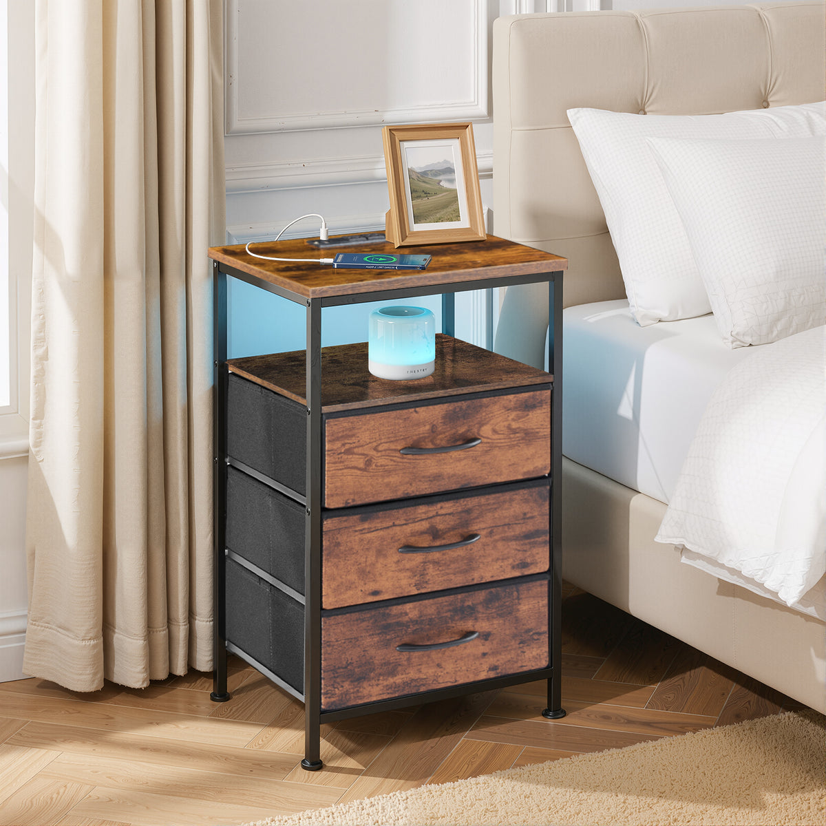 MyDepot Nightstand with Charging Station, Bedside Table with USB Ports, AC Outlets & Fabric Drawers, Modern End Table with Open Storage Shlef for Bedroom, Living Room, Apartment
