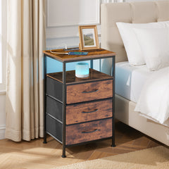 MyDepot Nightstand with Charging Station, Bedside Table with USB Ports, AC Outlets & Fabric Drawers, Modern End Table with Open Storage Shlef for Bedroom, Living Room, Apartment