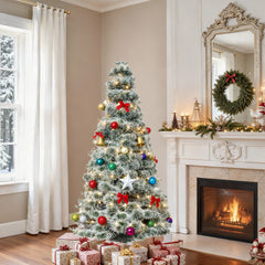 Mydepot Pre-lit Snow Flocked Artificial Christmas Tree, Prelighted Artificial Hinged Spruce Xmas Tree