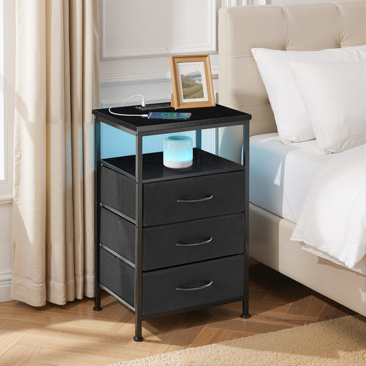 MyDepot Nightstand with Charging Station, Bedside Table with USB Ports, AC Outlets & Fabric Drawers, Modern End Table with Open Storage Shlef for Bedroom, Living Room, Apartment