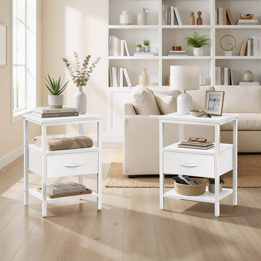 MyDepot Set of 2 Nightstand with Charging Station, Bedside Table with USB Ports, AC Outlets & Fabric Drawers, Modern End Table with Open Storage Shlef for Bedroom, Living Room, Apartment