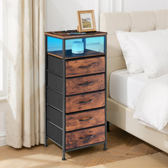 MyDepot  Nightstand With Charging Station, Bedside End Table With 5 Fabric Drawers & USB/Type-C Ports And Outlets, Night Stand For Bedroom Furniture, Adjustable Feet And Variable Light Strip