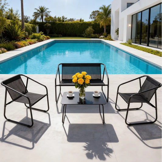 MyDepot 4-Piece Patio Furniture Set, Outdoor Bistro Conversation Set with Tempered Glass Coffee Table for Garden, Poolside, Balcony, Black