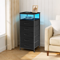MyDepot  Nightstand With Charging Station, Bedside End Table With 5 Fabric Drawers & USB/Type-C Ports And Outlets, Night Stand For Bedroom Furniture, Adjustable Feet And Variable Light Strip