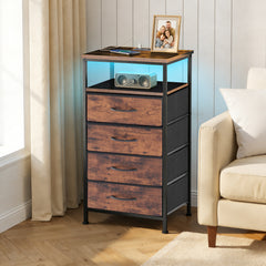 MyDepot  Nightstand With Charging Station, Bedside End Table With 4 Fabric Drawers & USB/Type-C Ports And Outlets, Night Stand For Bedroom Furniture, Adjustable Feet And Variable Light Strip