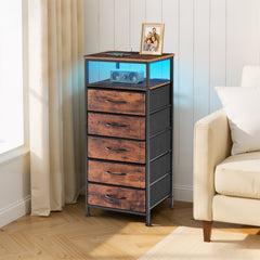 MyDepot  Nightstand With Charging Station, Bedside End Table With 5 Fabric Drawers & USB/Type-C Ports And Outlets, Night Stand For Bedroom Furniture, Adjustable Feet And Variable Light Strip