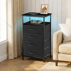 MyDepot  Nightstand With Charging Station, Bedside End Table With 4 Fabric Drawers & USB/Type-C Ports And Outlets, Night Stand For Bedroom Furniture, Adjustable Feet And Variable Light Strip