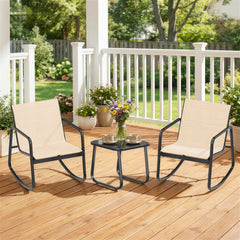 MyDepot 3-Piece Outdoor Rocking Set, Outdoor Furniture Set with Textilene Chairs & Glass-Top Table, Conversation Set of 3 for Porch, Lawn, Garden, Yard, Balcony, Poolside
