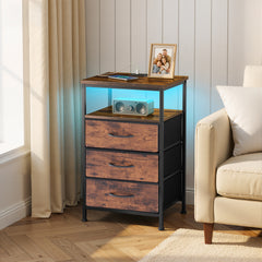 MyDepot Nightstand with Charging Station, Bedside Table with USB Ports, AC Outlets & Fabric Drawers, Modern End Table with Open Storage Shlef for Bedroom, Living Room, Apartment