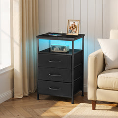 MyDepot Nightstand with Charging Station, Bedside Table with USB Ports, AC Outlets & Fabric Drawers, Modern End Table with Open Storage Shlef for Bedroom, Living Room, Apartment