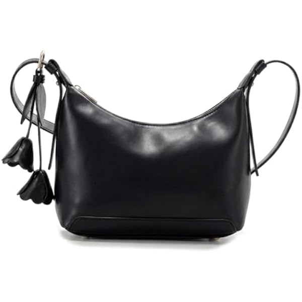 Rosvovo Women's Crescent Shoulder Bag - Vegan Leather Crossbody Handbag with Flower Charm & Tassels