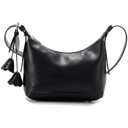 Rosvovo Women's Crescent Shoulder Bag - Vegan Leather Crossbody Handbag with Flower Charm & Tassels