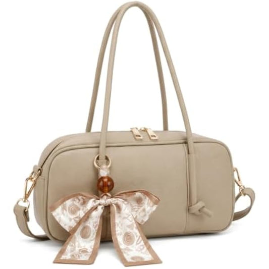 Rosvovo Swing Zip Shoulder Bag - Taupe Beige Mini Crossbody Purse, The Row Inspired PU Leather Mini Satchel for Women