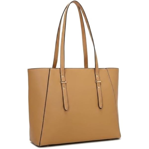 Rosvovo Large Tote Bag for Women, Stylish Leather-like Shoulder Purse with Zipper Closure and Bottom Studs, Tan