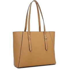 Rosvovo Large Tote Bag for Women, Stylish Leather-like Shoulder Purse with Zipper Closure and Bottom Studs, Tan