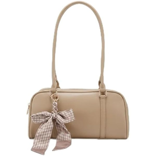Rosvovo Women's Elegant Bow Handbag - Beige Leather-Like Tote Bag for Travel & Daily Use