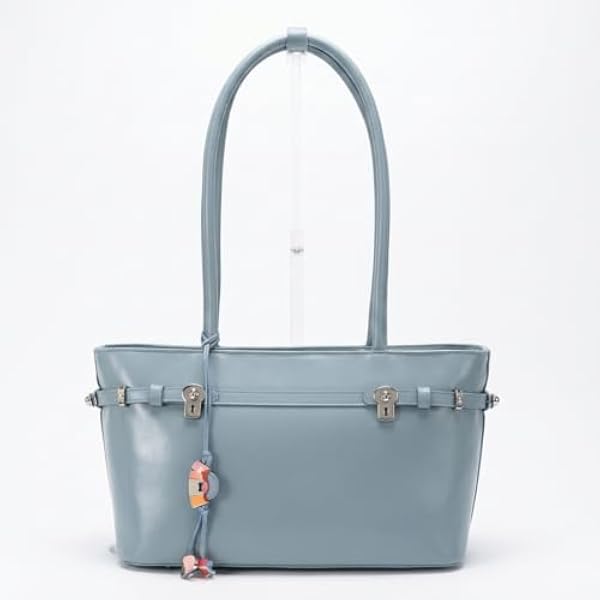 Rosvovo Blue Leather Tote Bag for Women - Elegant Handbag with Decorative Charm & Zipper Closure