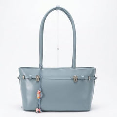 Rosvovo Blue Leather Tote Bag for Women - Elegant Handbag with Decorative Charm & Zipper Closure