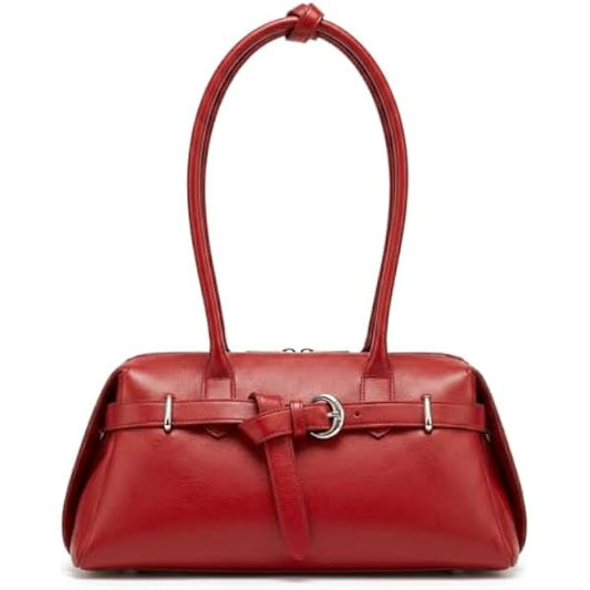 Rosvovo Genuine Leather Slouchy Tote Handbag, Red Shoulder Purse for Women with Adjustable Strap