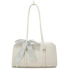 Rosvovo Elegant White Leather Handbag for Women - Luxury Bow Detail Shoulder Bag & Travel Purse