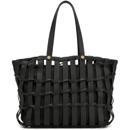 Rosvovo Handmade Genuine Cowhide Woven Bucket Bag | Premium Black Woven Leather Tote, Professional, Daily Use