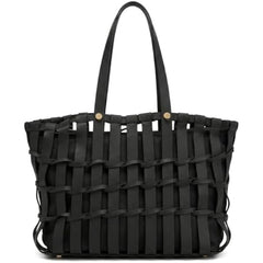 Rosvovo Handmade Genuine Cowhide Woven Bucket Bag | Premium Black Woven Leather Tote, Professional, Daily Use