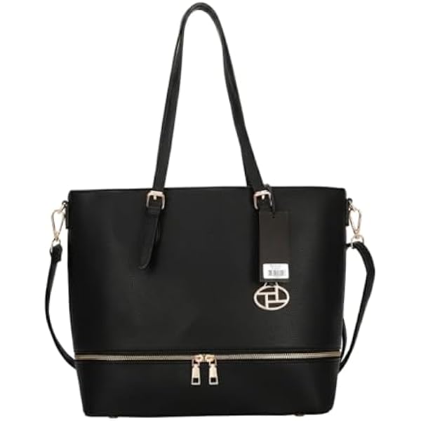 Rosvovo Women's Leather Tote Bag - Classic Black Handbag with Detachable Shoulder Strap & Gold-Tone Hardware