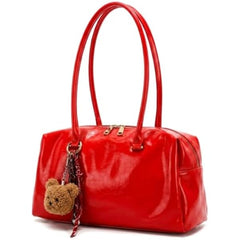 Rosvovo Red Patent Leather Shoulder Bag | Structured Dome Satchel Handbag, Gold Hardware