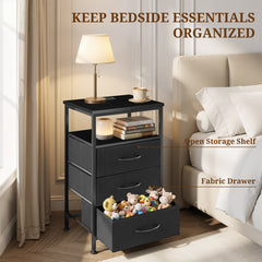 MyDepot Nightstand with Charging Station, Bedside Table with USB Ports, AC Outlets & Fabric Drawers, Modern End Table with Open Storage Shlef for Bedroom, Living Room, Apartment