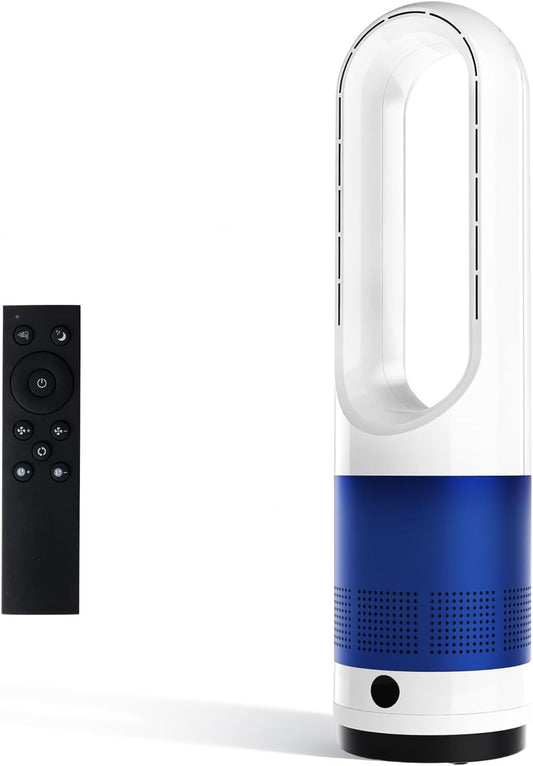 MyDepot 22" Bladeless Tower Fan with Built-in Air Filter, 80° Oscillating Quiet Fan for Bedroom, 8 Speeds, 8H Timer, Remote Control, LED Display, Easy to Clean, Home & Office, Blue/White