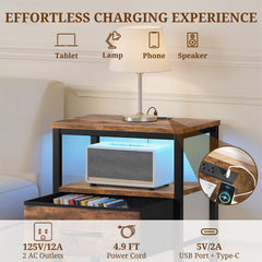 MyDepot  Nightstand With Charging Station, Bedside End Table With 4 Fabric Drawers & USB/Type-C Ports And Outlets, Night Stand For Bedroom Furniture, Adjustable Feet And Variable Light Strip