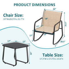MyDepot 3-Piece Outdoor Rocking Set, Outdoor Furniture Set with Textilene Chairs & Glass-Top Table, Conversation Set of 3 for Porch, Lawn, Garden, Yard, Balcony, Poolside
