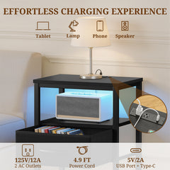 MyDepot  Nightstand With Charging Station, Bedside End Table With 4 Fabric Drawers & USB/Type-C Ports And Outlets, Night Stand For Bedroom Furniture, Adjustable Feet And Variable Light Strip