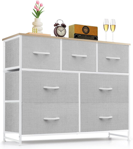 MyDepot Dresser for Bedroom with 7 Fabric Drawers, Chest Organizer Units for Clothing, Closet, Guestroom, Storage Tower with Cabinet, Metal Frame, Wooden Top, Lightweight Furniture