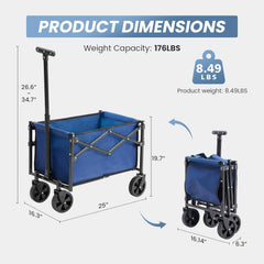 MyDepot Collapsible Wagon with Wheels, 176 lbs Wagons Carts Foldable Wagon Cart with Flexible Handle, Lightweight Portable Folding Utility Grocery Shopping Cart for Grocery Sports Garden Camping