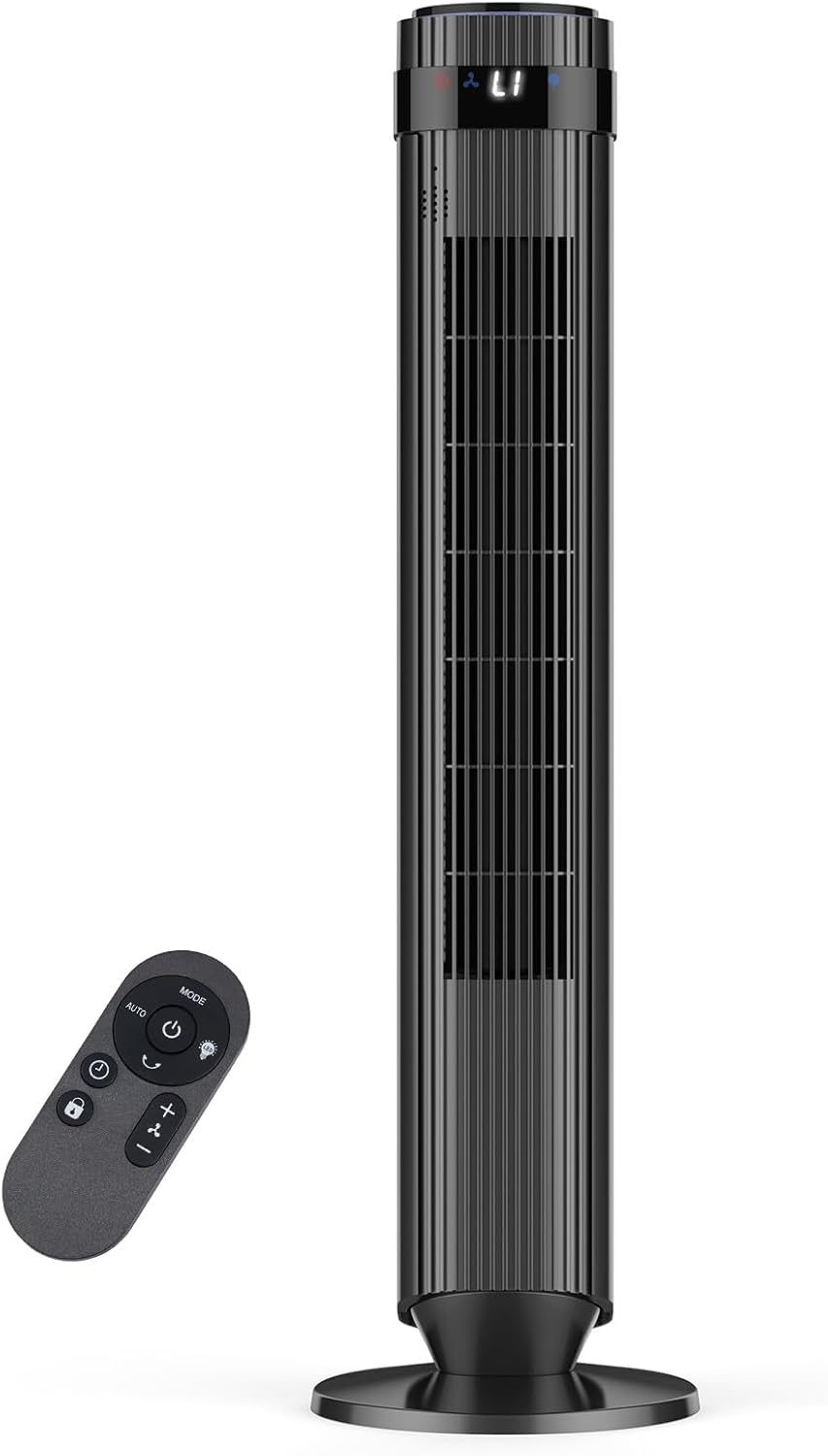 MyDepot Tower Fan for Bedroom, 28dB Quiet Floor Standing Fan with Remote, 12H Timer, 5 Speeds, 4 Modes, LED Display, Portable Bladeless Oscillating Cooling Fan for Indoor, Home, Office