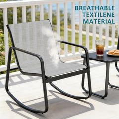 MyDepot 3-Piece Outdoor Rocking Set, Outdoor Furniture Set with Textilene Chairs & Glass-Top Table, Conversation Set of 3 for Porch, Lawn, Garden, Yard, Balcony, Poolside
